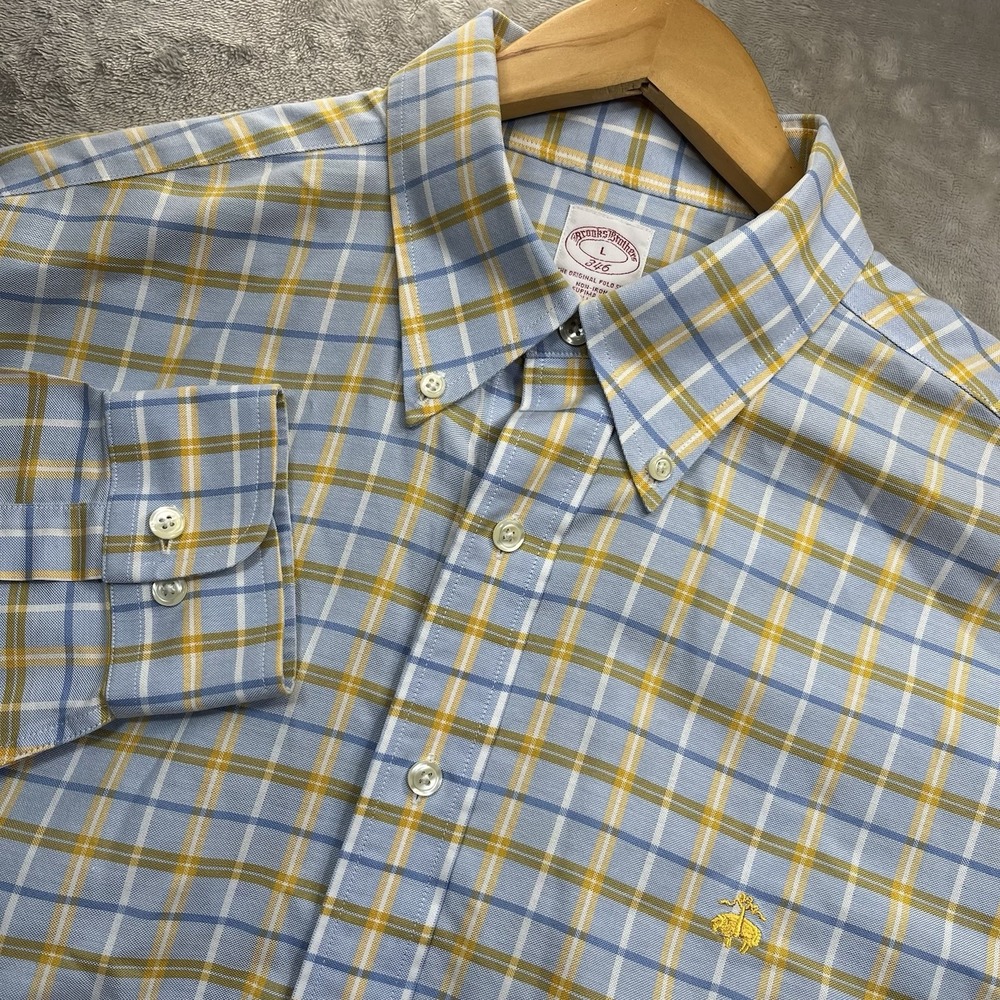Brooks Brothers 346 Plaid Button Down Shirt Mens L Blue Yellow Long Sleeve